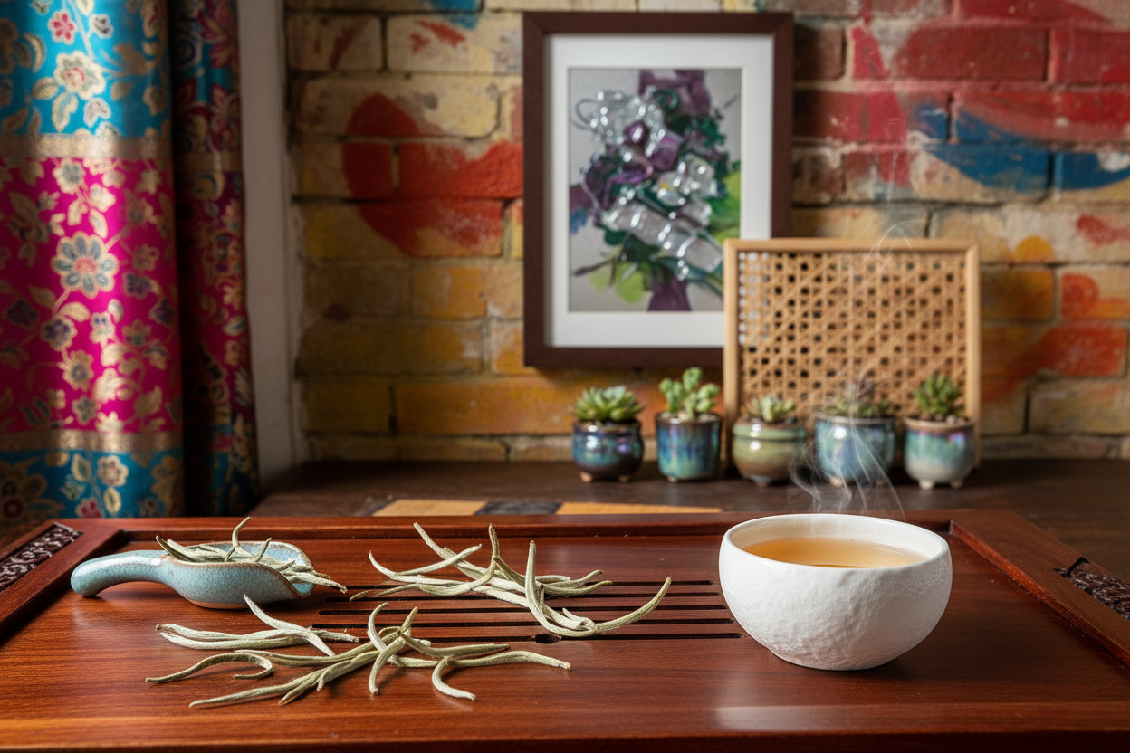 White loose leaf Vietnamese white tea on a tea board  and brewed in a white cup with an eclectic backdrop