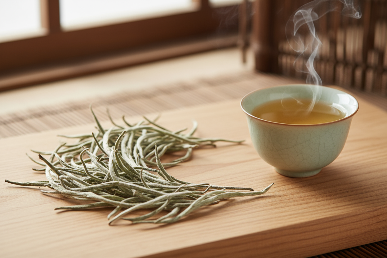 Bai Long Xu tea leaves and steeped in a cream colored cup
