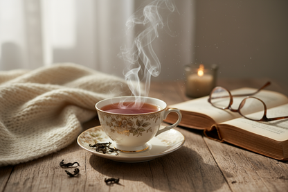 cup of Black Darjeeling tea in a cozy setting