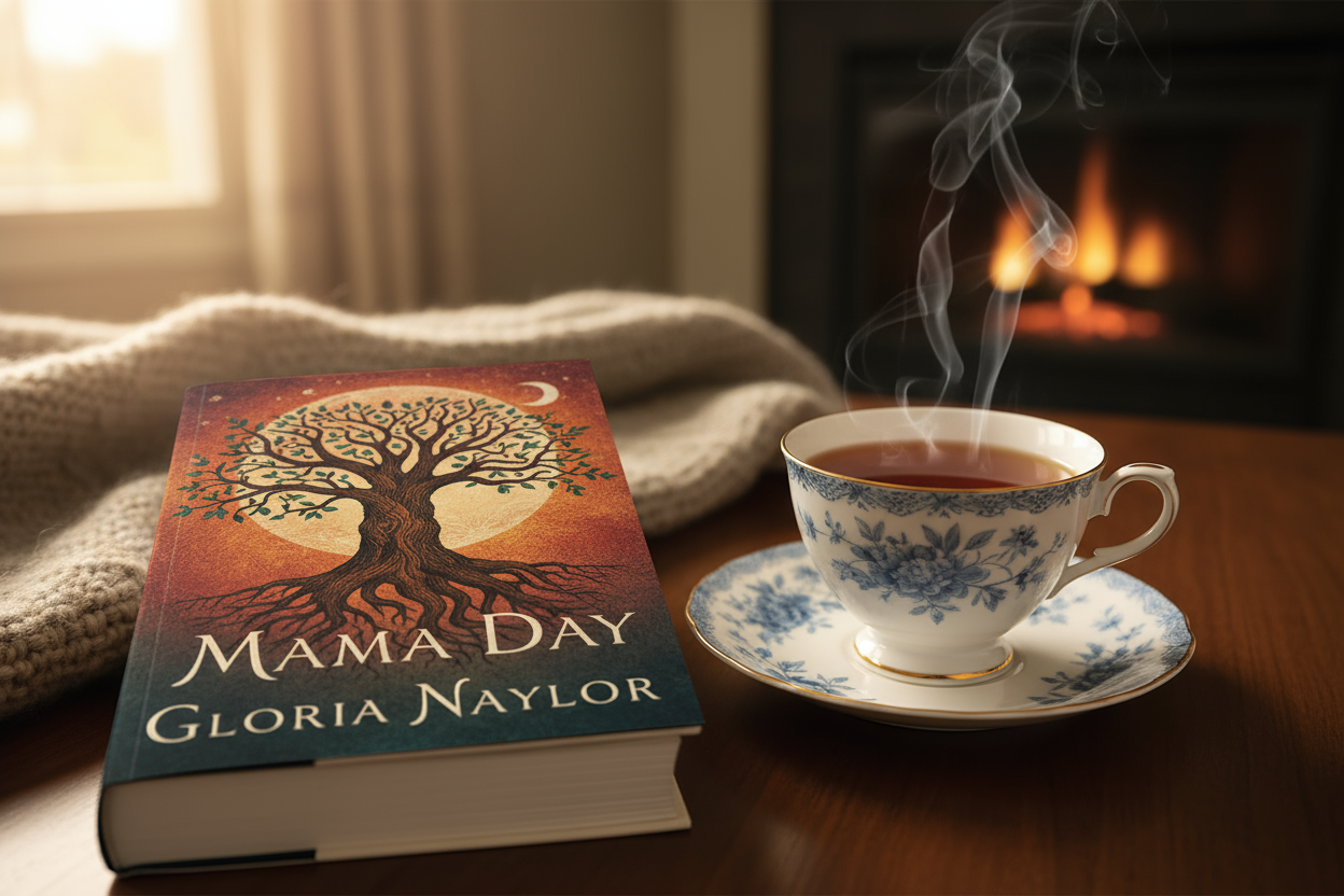cup of black tea with the cover of the  book Mama Day on the side
