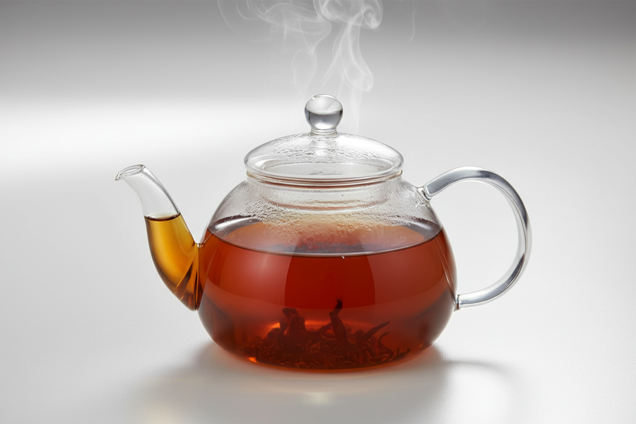 glass teapot of black tea