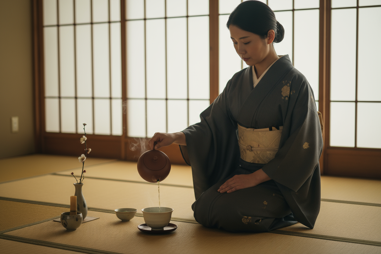 gyukoro tea being prepared n japan by Japanes woman in a kimono on  mat
