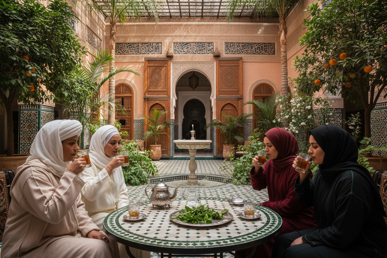 image of morroccans drinking tea in a small garden with morroccan architecture in the background