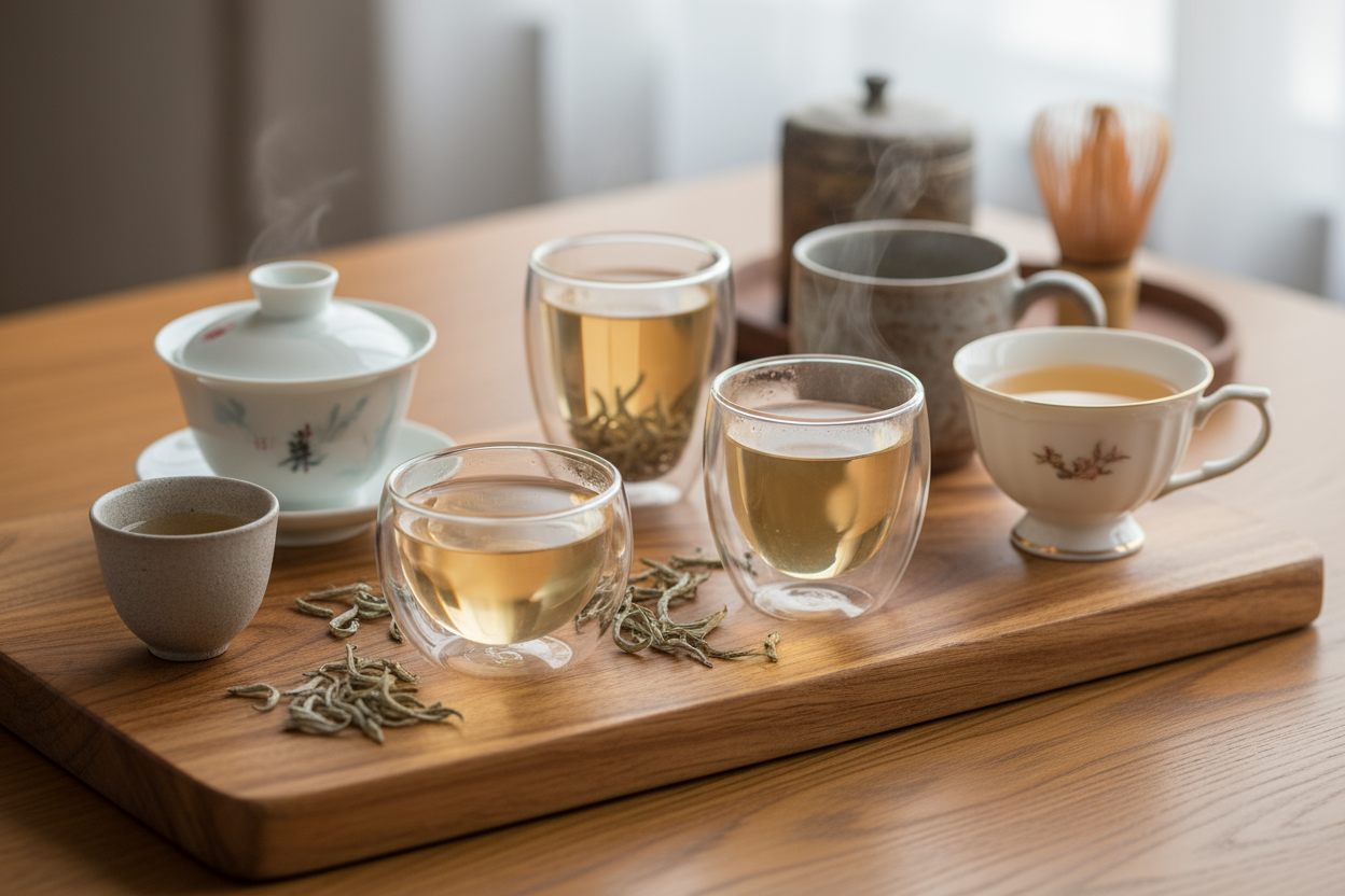 images of steeped bai long xu tea in several cups