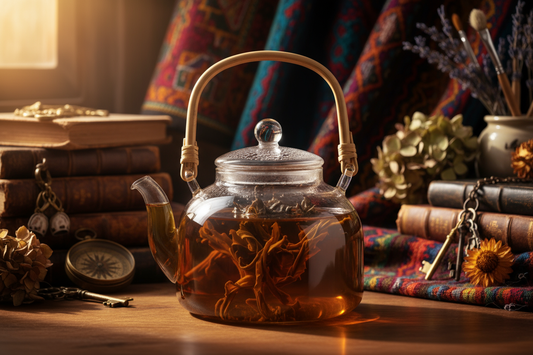 steeped Dianhong black tea from yunnan in a glass teapot with an eclectic backdrop