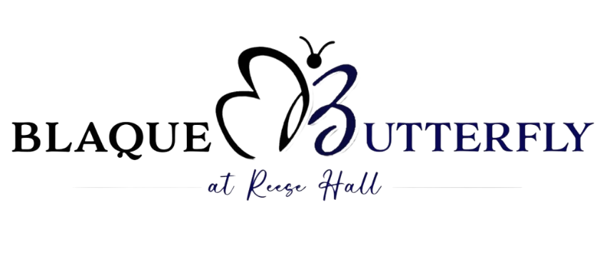 "Blaque Butterfly logo black and blue design"