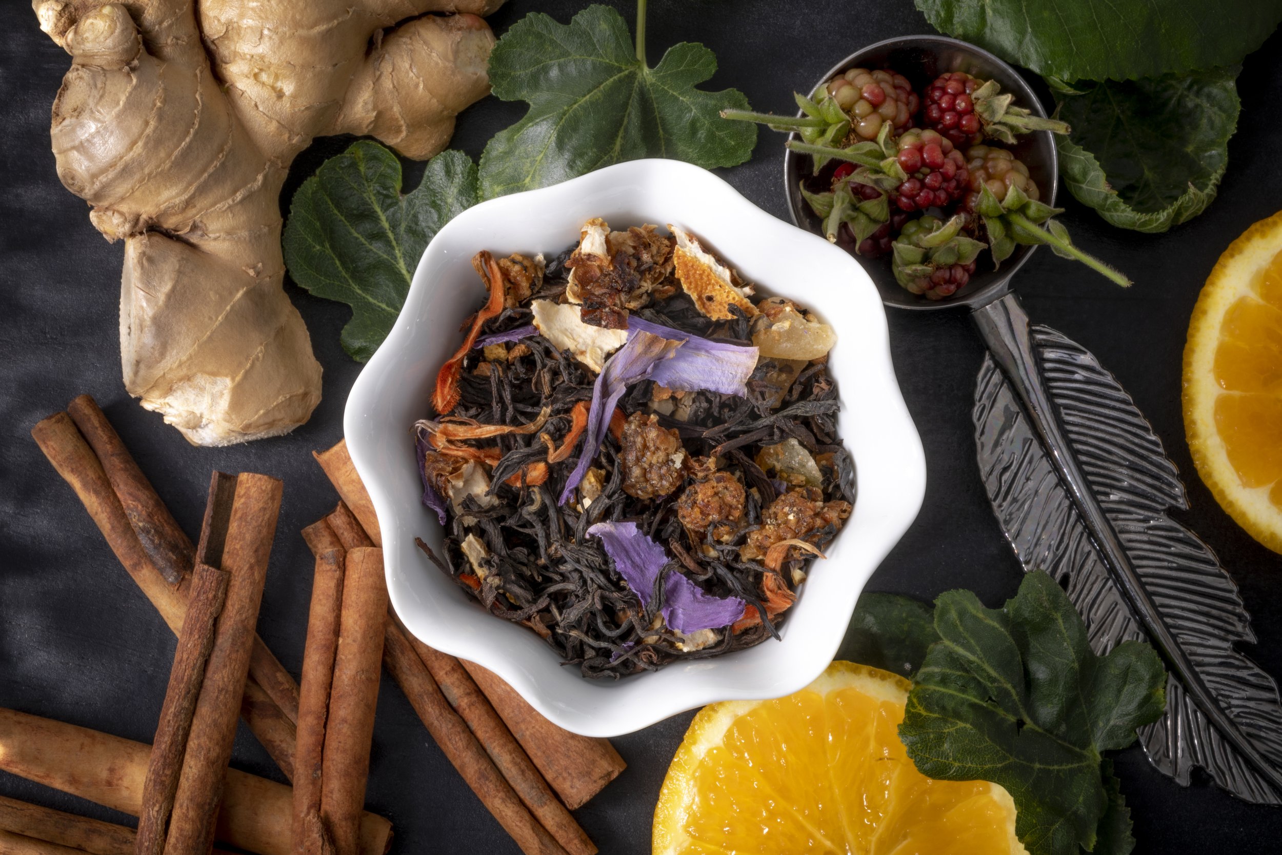 Herbal tea ingredients with spices and fruits