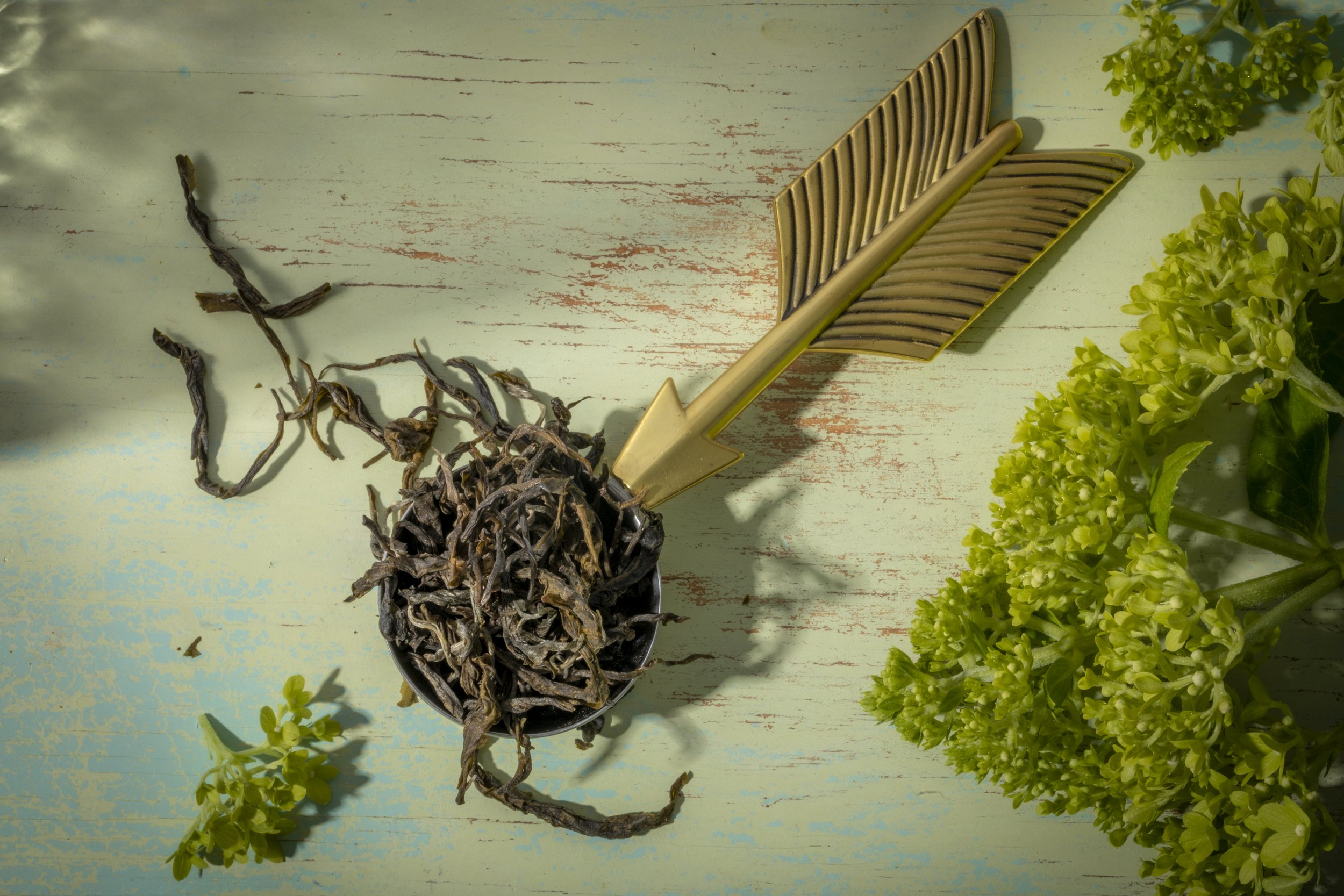 Dried tea leaves with decorative arrows displayed.